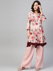 Jompers Women Peach & Maroon Floral Printed Floral Flared Kurta - JOK_1396_Peach_S