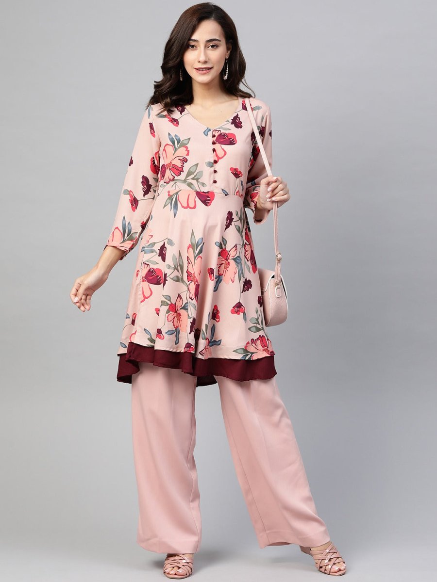 Jompers Women Peach & Maroon Floral Printed Floral Flared Kurta - JOK_1396_Peach_S