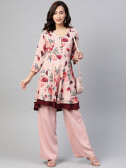 Jompers Women Peach & Maroon Floral Printed Floral Flared Kurta - JOK_1396_Peach_S