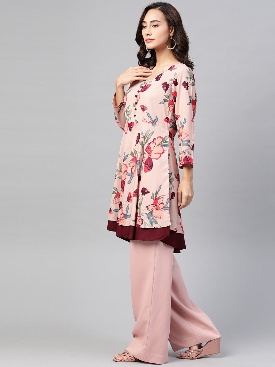 Jompers Women Peach & Maroon Floral Printed Floral Flared Kurta - JOK_1396_Peach_S