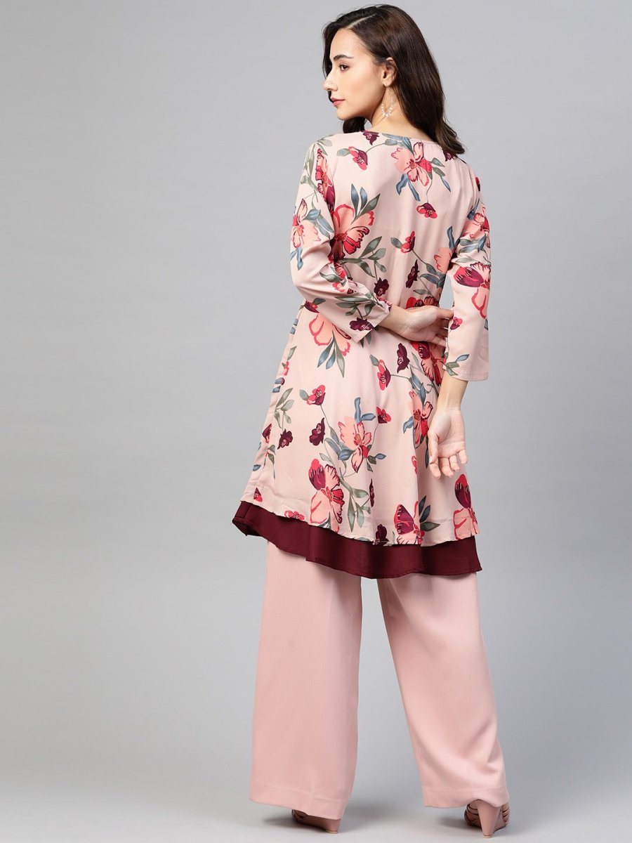 Jompers Women Peach & Maroon Floral Printed Floral Flared Kurta - JOK_1396_Peach_S