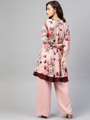 Jompers Women Peach & Maroon Floral Printed Floral Flared Kurta - JOK_1396_Peach_S