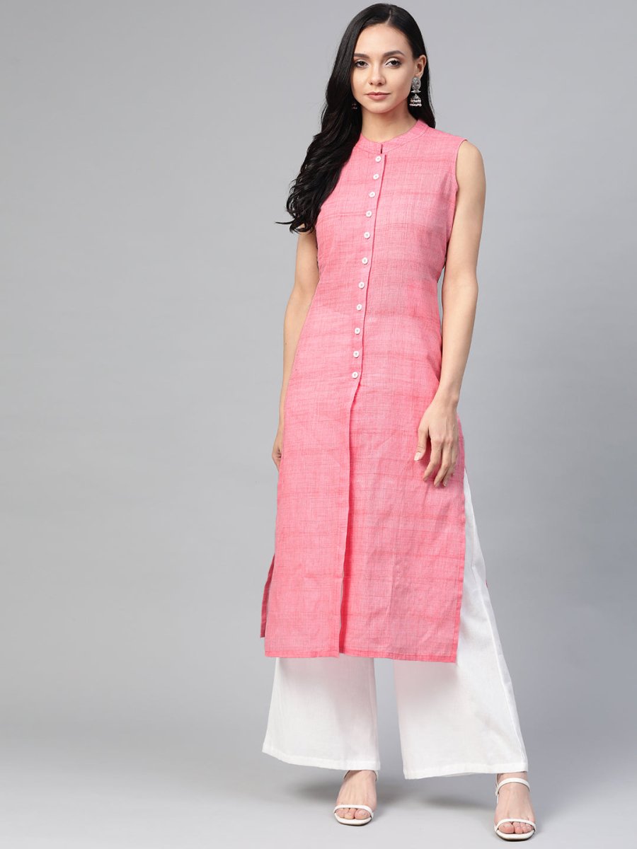 Jompers Women Pink Pure Cotton Woven Design Straight Kurta - JOK_1366_Pink_S