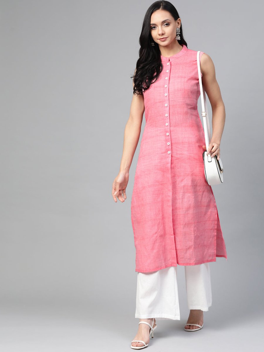 Jompers Women Pink Pure Cotton Woven Design Straight Kurta - JOK_1366_Pink_S
