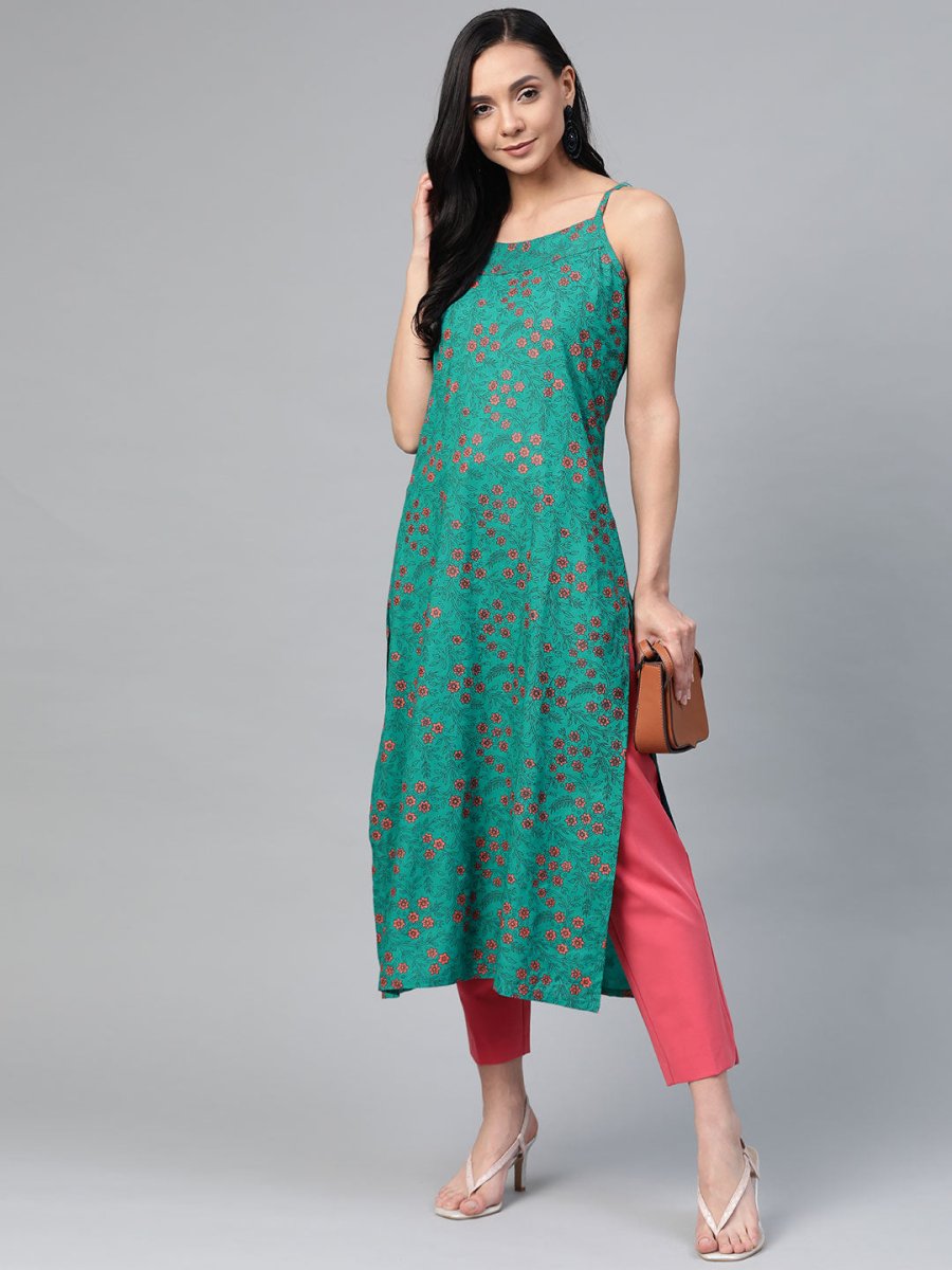 Jompers Women Rama Green & Pink Printed Straight Kurta - JOK_1363_Rama_S
