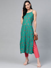 Jompers Women Rama Green & Pink Printed Straight Kurta - JOK_1363_Rama_S