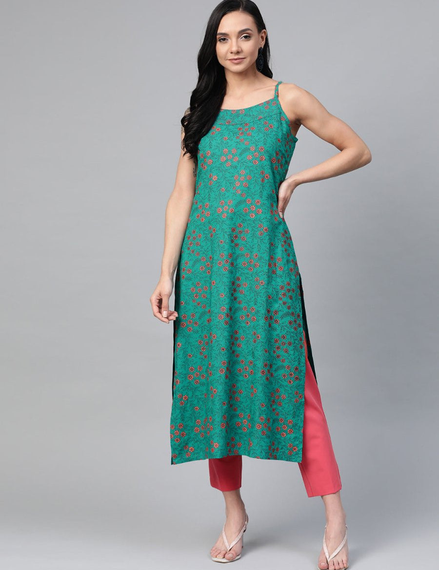 Jompers Women Rama Green & Pink Printed Straight Kurta - JOK_1363_Rama_S