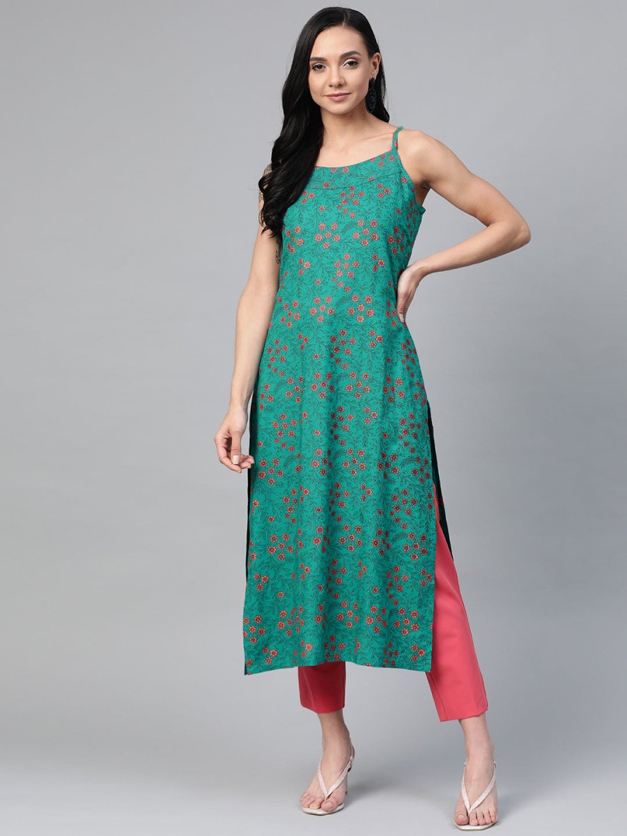 Jompers Women Rama Green & Pink Printed Straight Kurta - JOK_1363_Rama_S