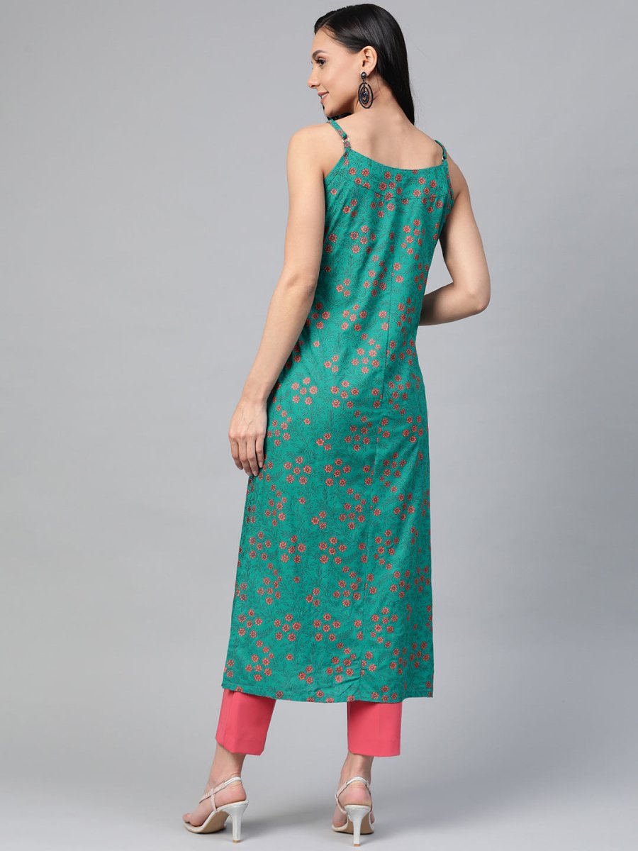 Jompers Women Rama Green & Pink Printed Straight Kurta - JOK_1363_Rama_S