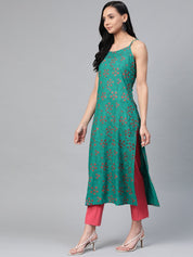 Jompers Women Rama Green & Pink Printed Straight Kurta - JOK_1363_Rama_S