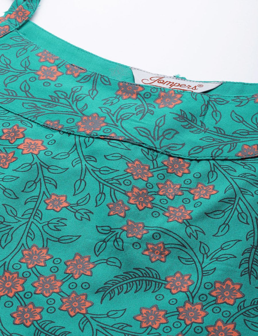 Jompers Women Rama Green & Pink Printed Straight Kurta - JOK_1363_Rama_S