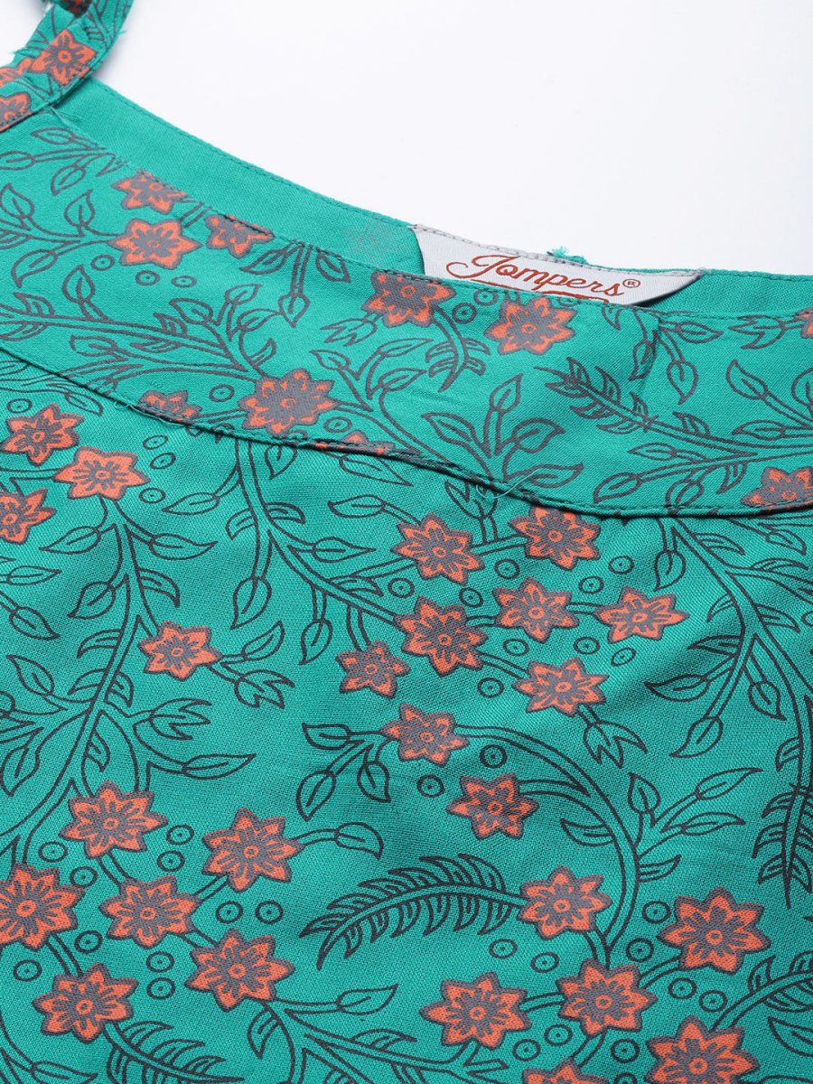 Jompers Women Rama Green & Pink Printed Straight Kurta - JOK_1363_Rama_S