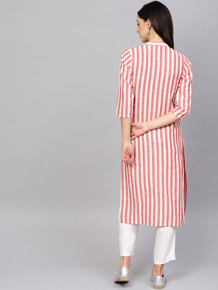Jompers Women Red & Off-White Striped Cotton Straight Kurta - JOK_1204_Red_S