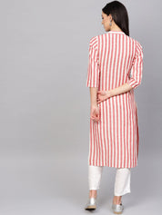 Jompers Women Red & Off-White Striped Cotton Straight Kurta - JOK_1204_Red_S