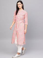 Jompers Women Red & Off-White Striped Cotton Straight Kurta - JOK_1204_Red_S