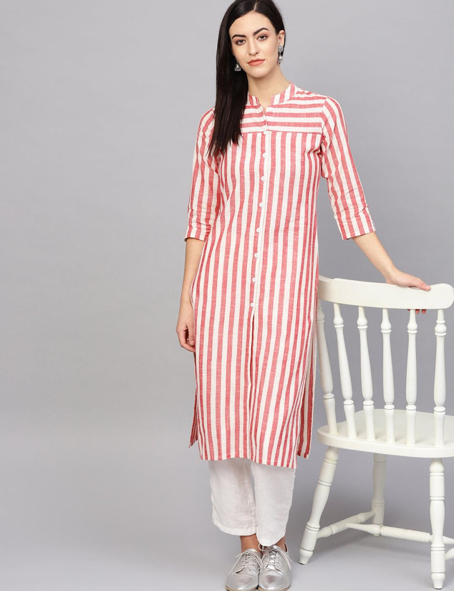 Jompers Women Red & Off-White Striped Cotton Straight Kurta - JOK_1204_Red_S