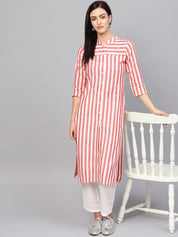 Jompers Women Red & Off-White Striped Cotton Straight Kurta - JOK_1204_Red_S