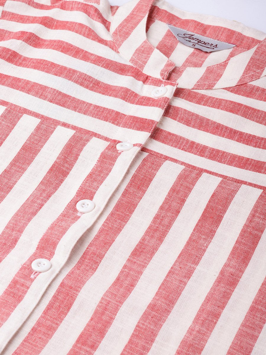 Jompers Women Red & Off-White Striped Cotton Straight Kurta - JOK_1204_Red_S
