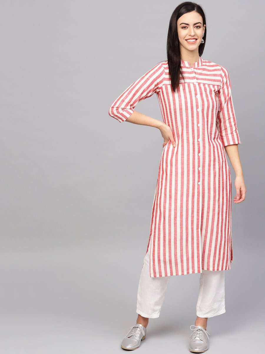 Jompers Women Red & Off-White Striped Cotton Straight Kurta - JOK_1204_Red_S