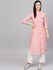 Jompers Women Red & Off-White Striped Cotton Straight Kurta - JOK_1204_Red_S