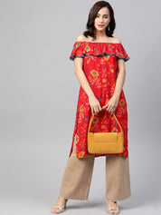 Jompers Women Red & Yellow Floral Printed Straight Kurta - JOK_1387_Red_S