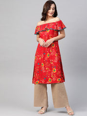 Jompers Women Red & Yellow Floral Printed Straight Kurta - JOK_1387_Red_S