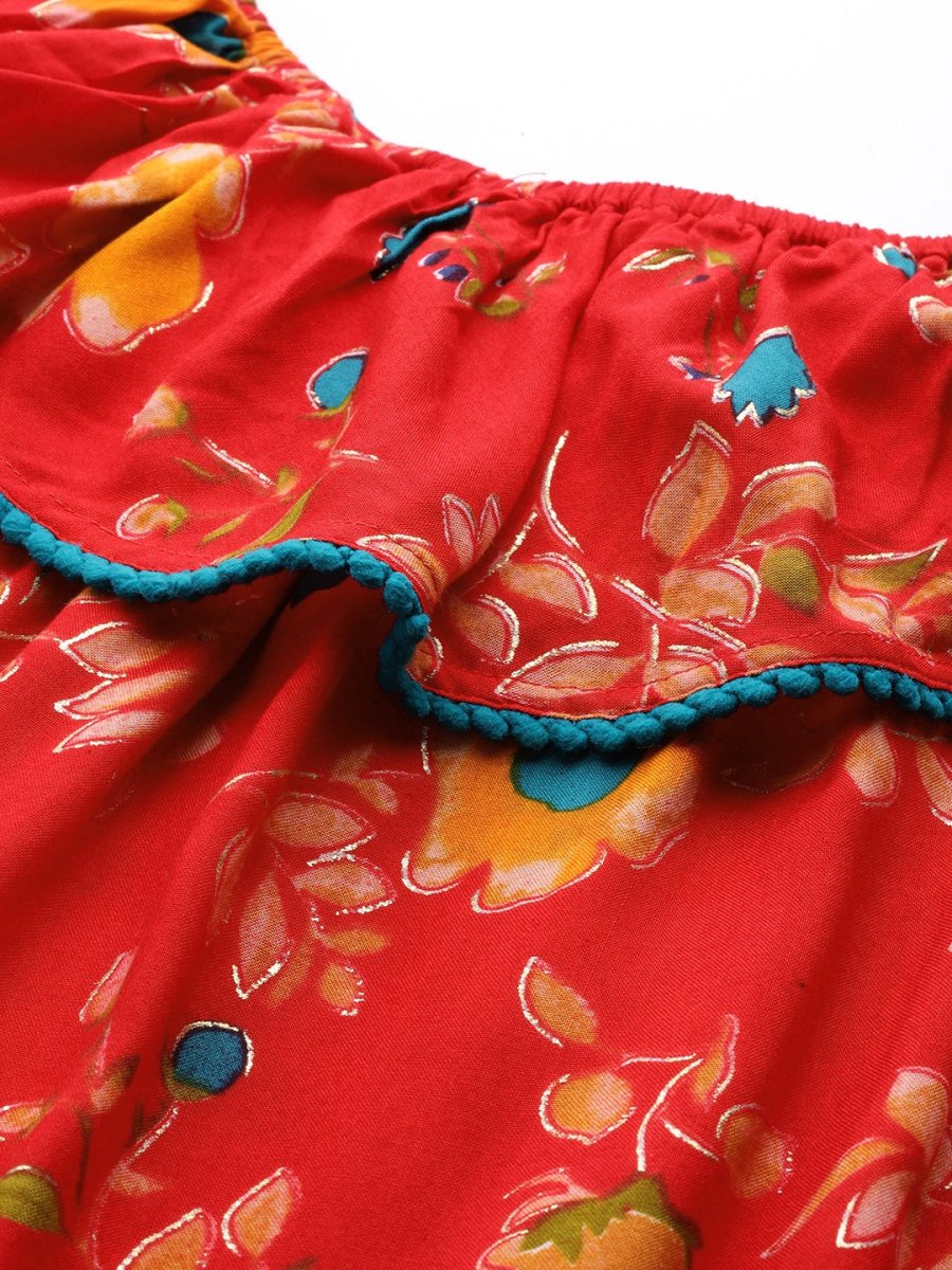 Jompers Women Red & Yellow Floral Printed Straight Kurta - JOK_1387_Red_S