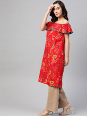 Jompers Women Red & Yellow Floral Printed Straight Kurta - JOK_1387_Red_S