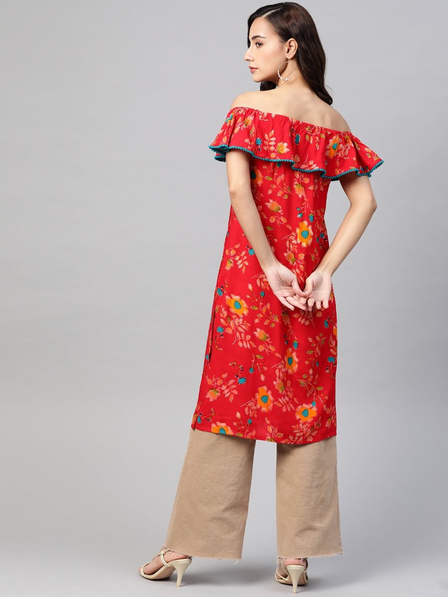 Jompers Women Red & Yellow Floral Printed Straight Kurta - JOK_1387_Red_S