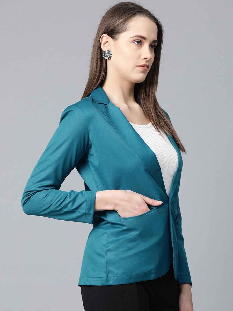Jompers Women Teal Blue Solid Single-Breasted Smart Casual Blazer - JOB_6001_Blue_XS
