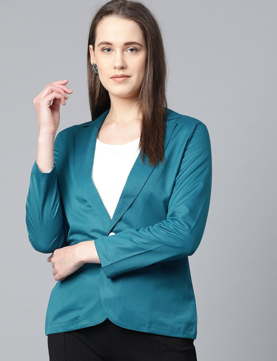 Jompers Women Teal Blue Solid Single-Breasted Smart Casual Blazer - JOB_6001_Blue_XS