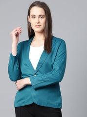 Jompers Women Teal Blue Solid Single-Breasted Smart Casual Blazer - JOB_6001_Blue_XS