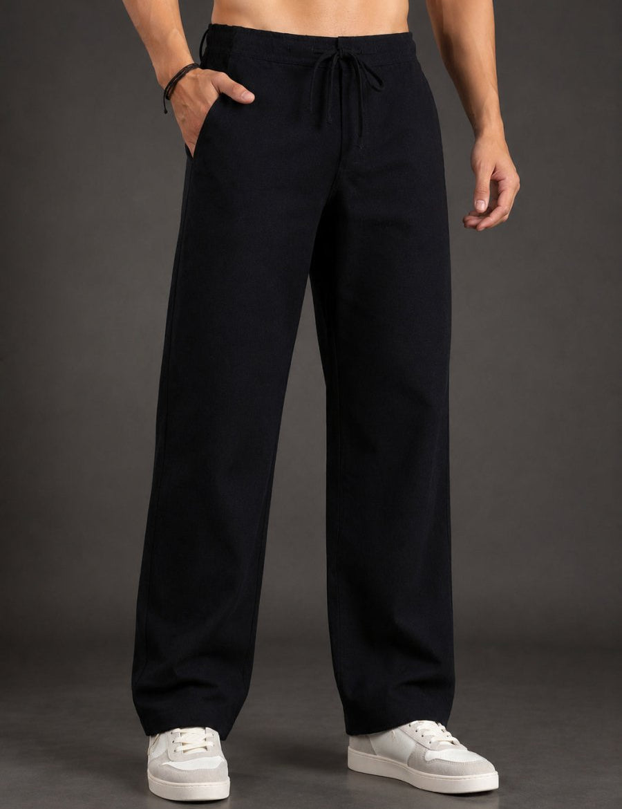 Linen Relaxed-Fit Regular Trousers for Men - INGP_306Black_30