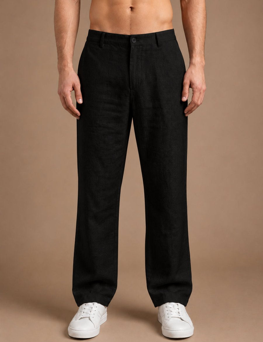 Linen Relaxed-Fit Regular Trousers for Men - INGP_308Black_30