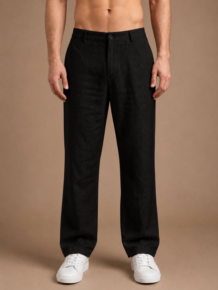 Linen Relaxed-Fit Regular Trousers for Men - INGP_308Black_30