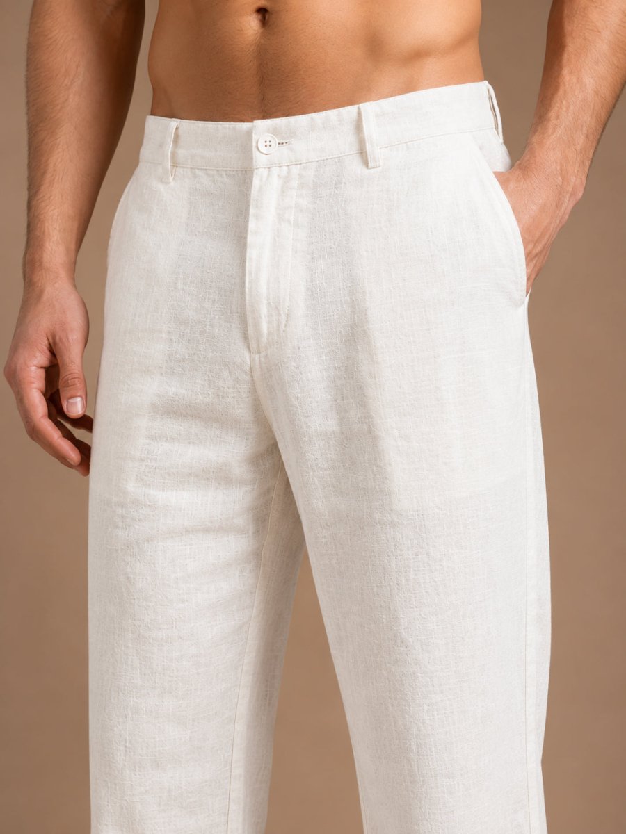Linen Relaxed-Fit Regular Trousers for Men - INGP_308White_30
