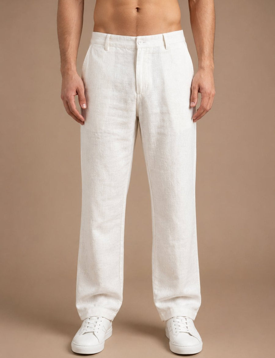 Linen Relaxed-Fit Regular Trousers for Men - INGP_308White_30