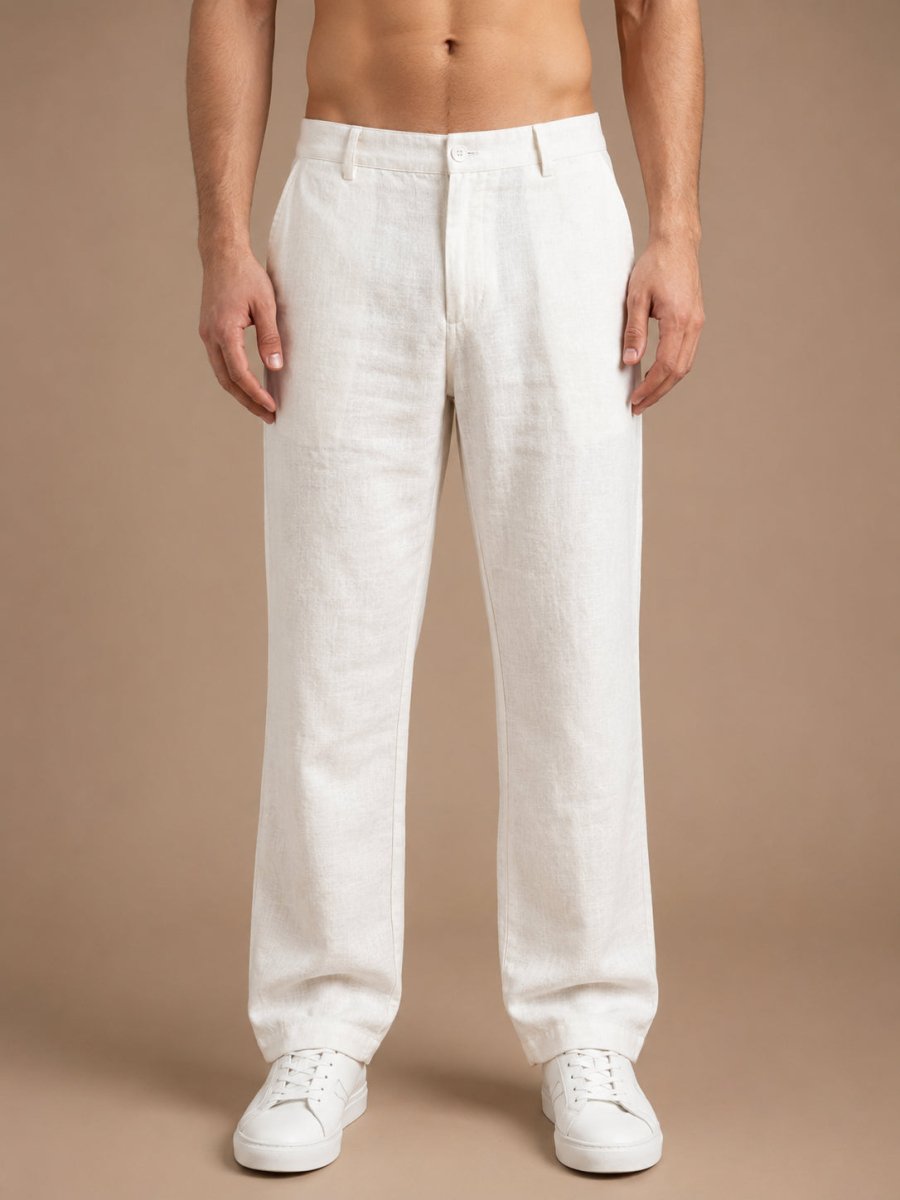 Linen Relaxed-Fit Regular Trousers for Men - INGP_308White_30