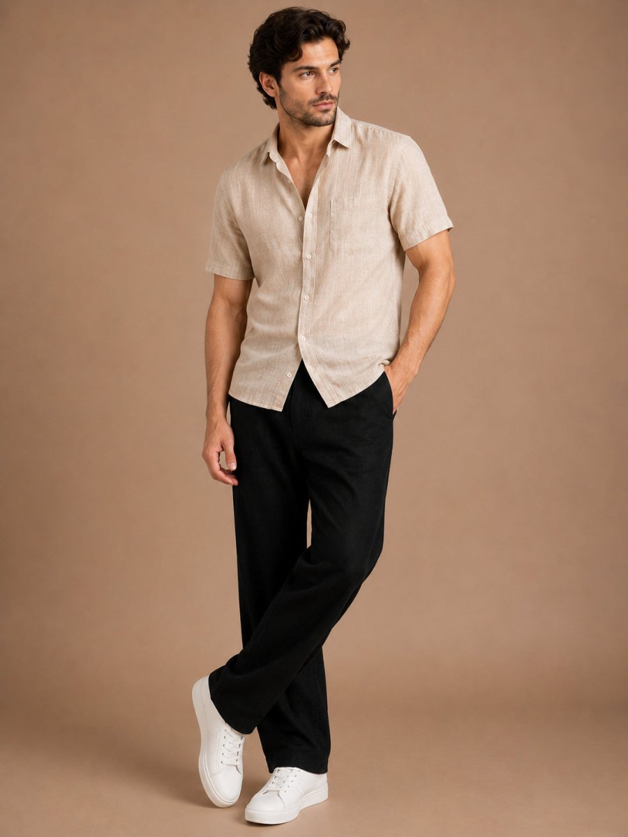 Linen Relaxed-Fit Regular Trousers for Men - INGP_308Black_30