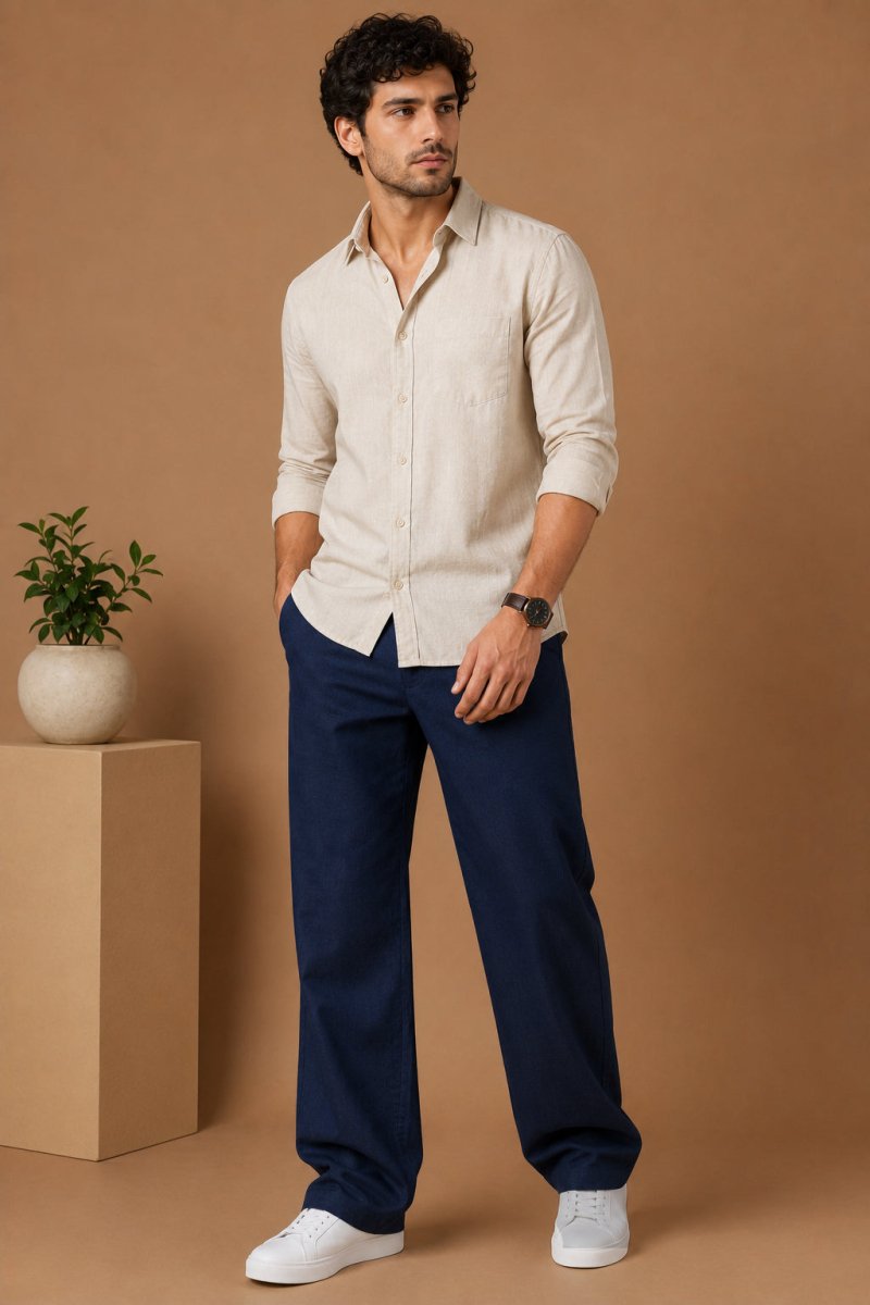 Linen Relaxed-Fit Regular Trousers for Men - INGP_308Navy_30