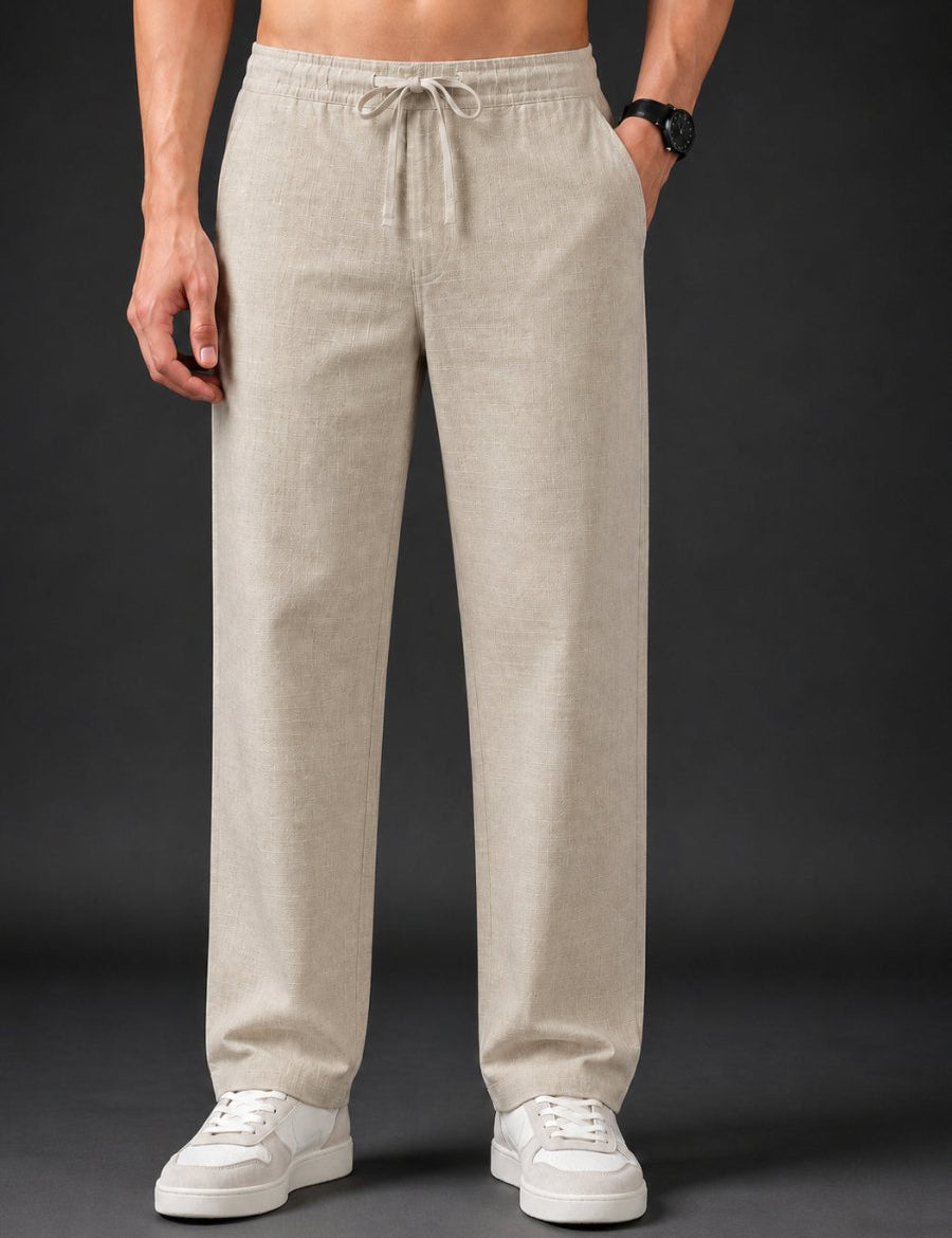 Linen Relaxed-Fit Regular Trousers for Men - INGP_306Cream_30
