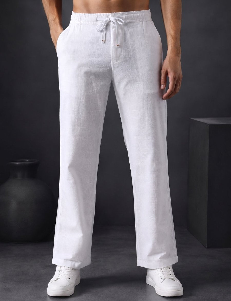 Linen Relaxed-Fit Regular Trousers for Men - INGP_306White_30