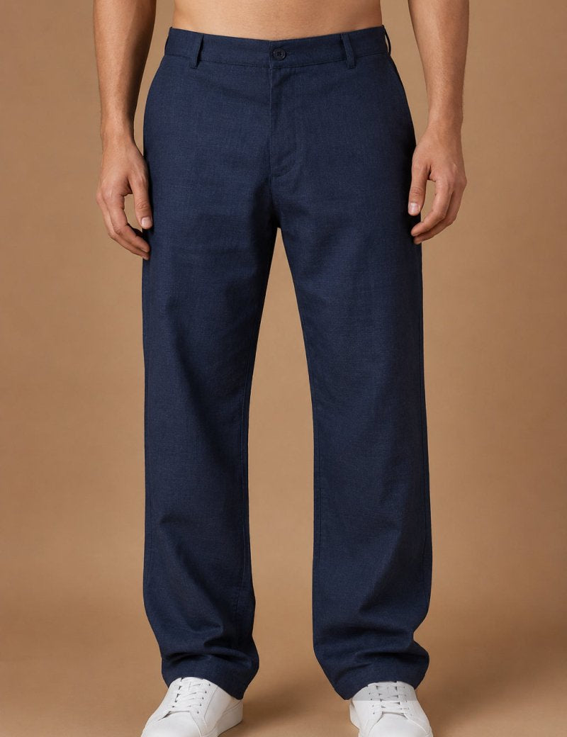 Linen Relaxed-Fit Regular Trousers for Men - INGP_308Navy_30