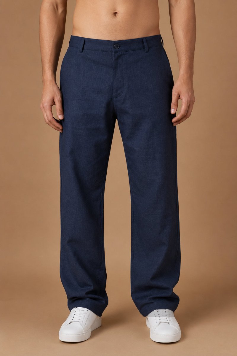 Linen Relaxed-Fit Regular Trousers for Men - INGP_308Navy_30
