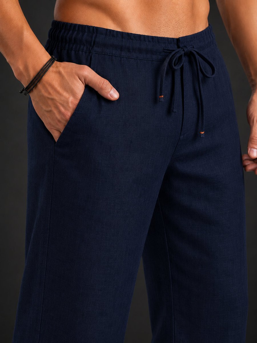 Linen Relaxed-Fit Regular Trousers for Men - INGP_306Navy_30