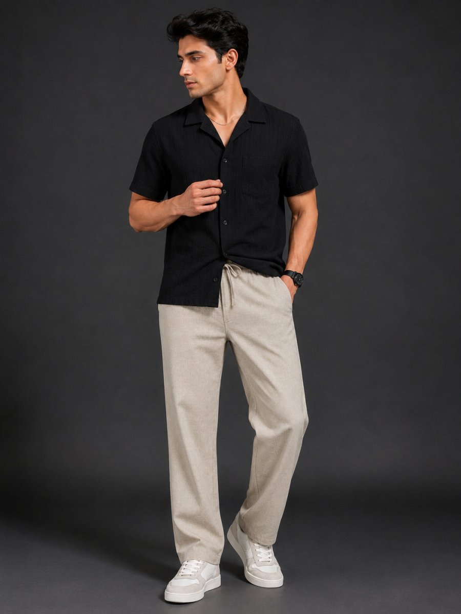 Linen Relaxed-Fit Regular Trousers for Men - INGP_306Cream_30