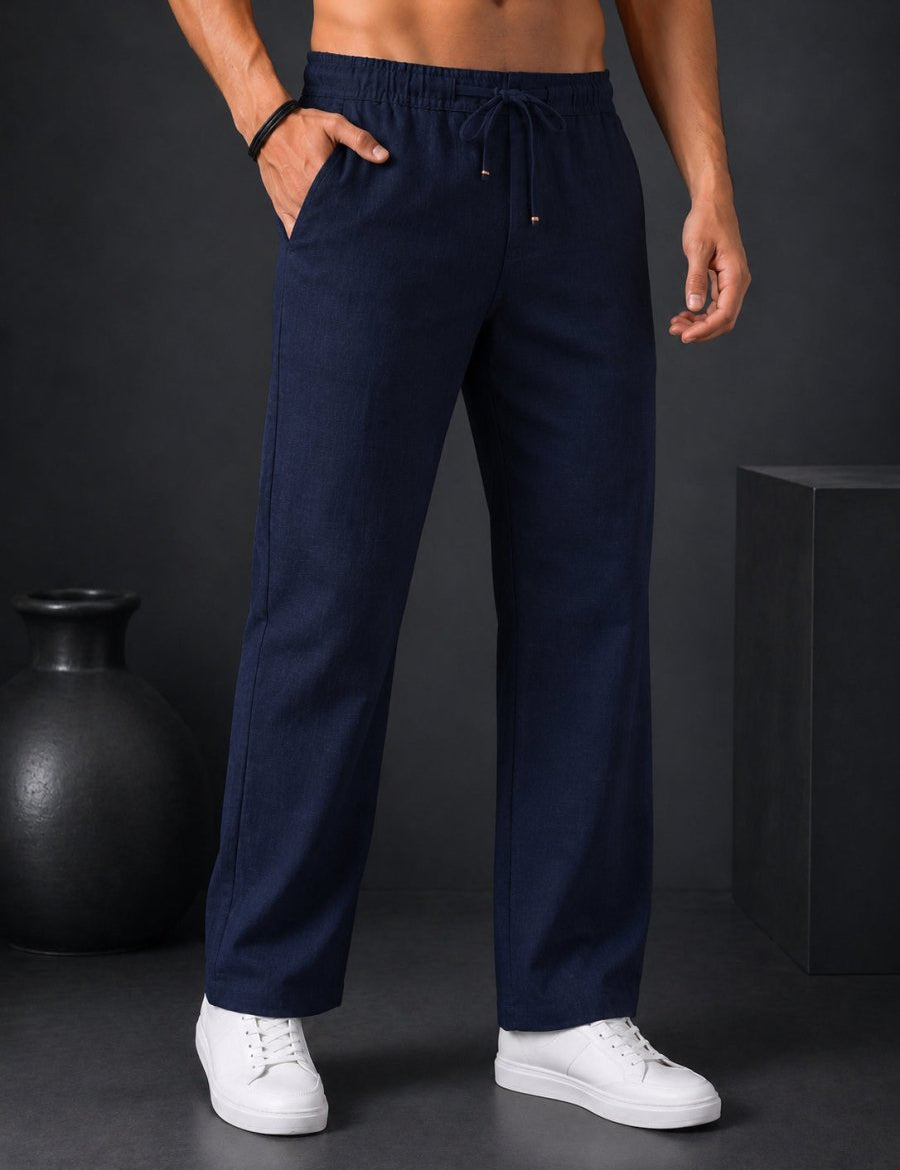 Linen Relaxed-Fit Regular Trousers for Men - INGP_306Navy_30