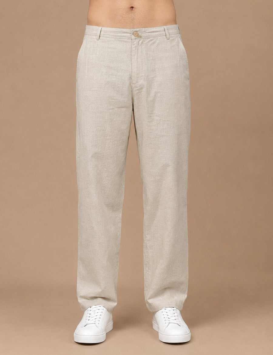Linen Relaxed-Fit Regular Trousers for Men - INGP_308Beige_30