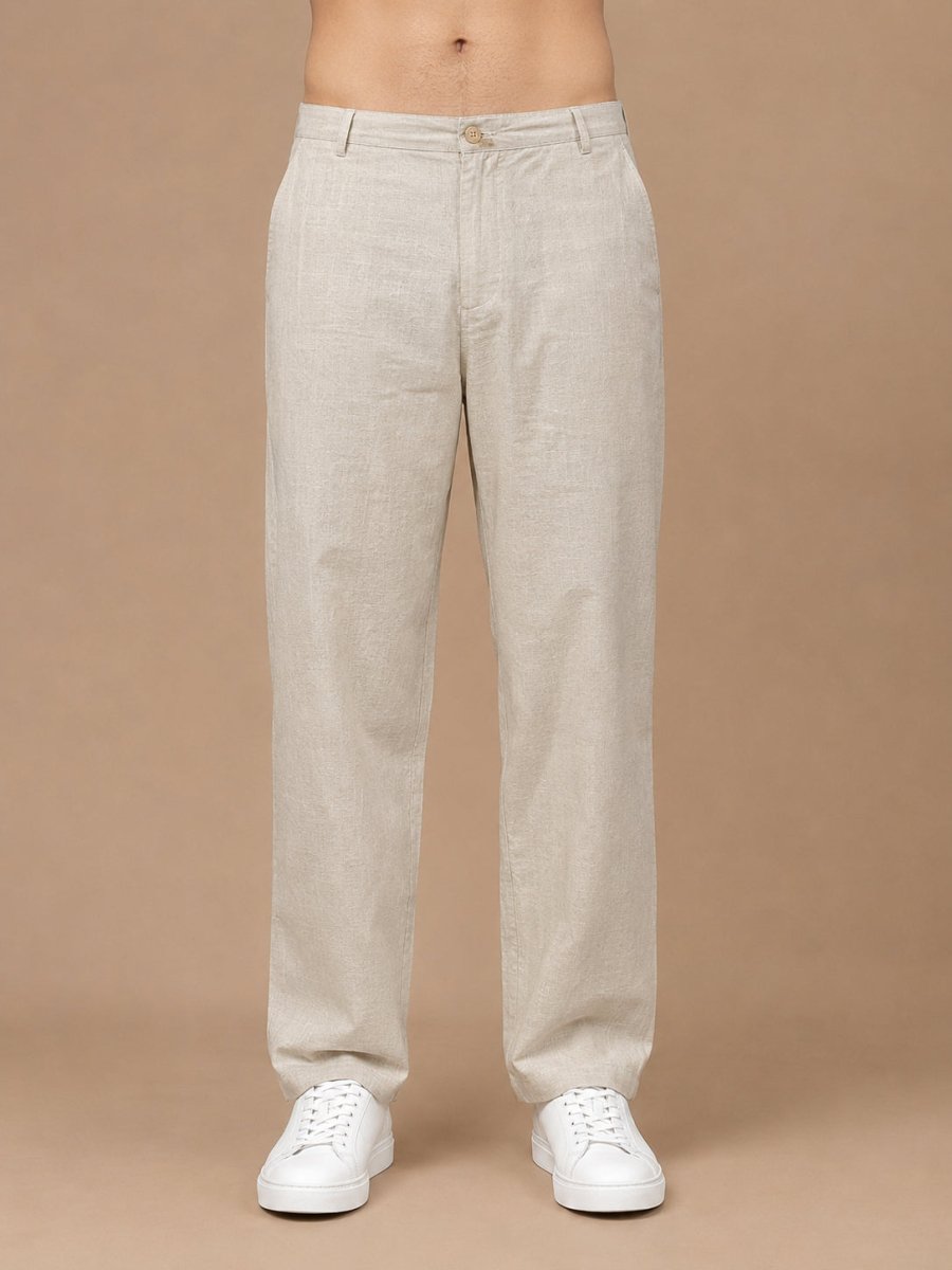 Linen Relaxed-Fit Regular Trousers for Men - INGP_308Beige_30