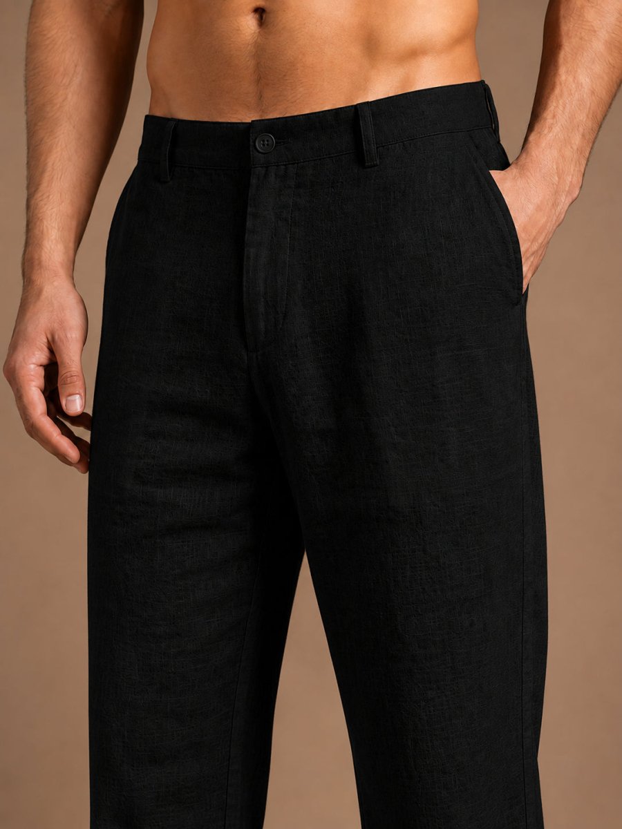 Linen Relaxed-Fit Regular Trousers for Men - INGP_308Black_30